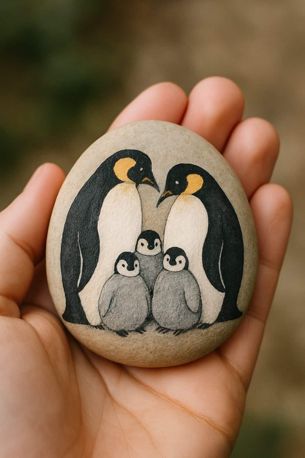 A hand holding a smooth river rock painted with a simple penguin family design.