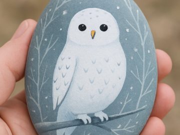 A hand holds a smooth stone painted with a white owl perched on a branch, surrounded by subtle white tree branches and snowflakes on a blue-gray background.