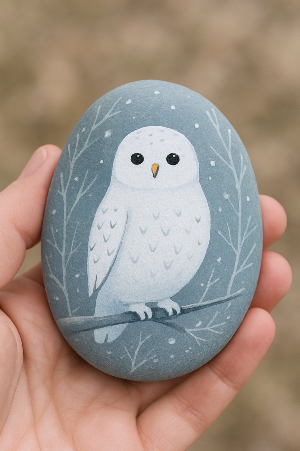 A hand holding a smooth river rock painted with a snowy owl in a winter scene.