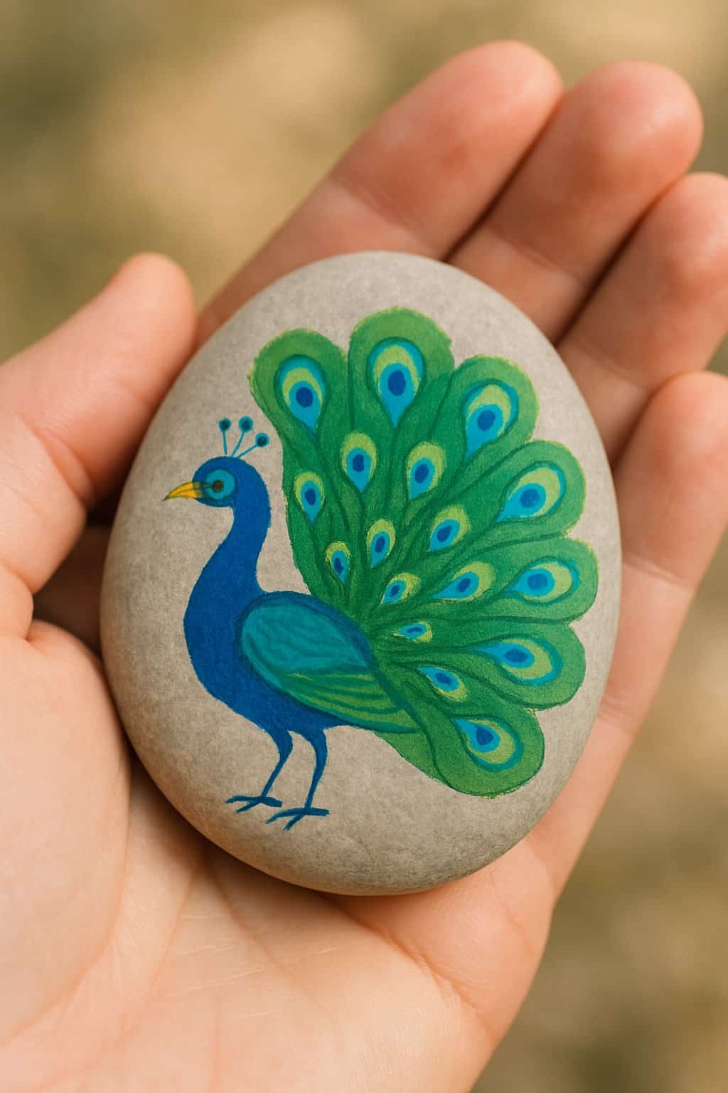 A hand holding a smooth river rock painted with a simple peacock with an open tail.