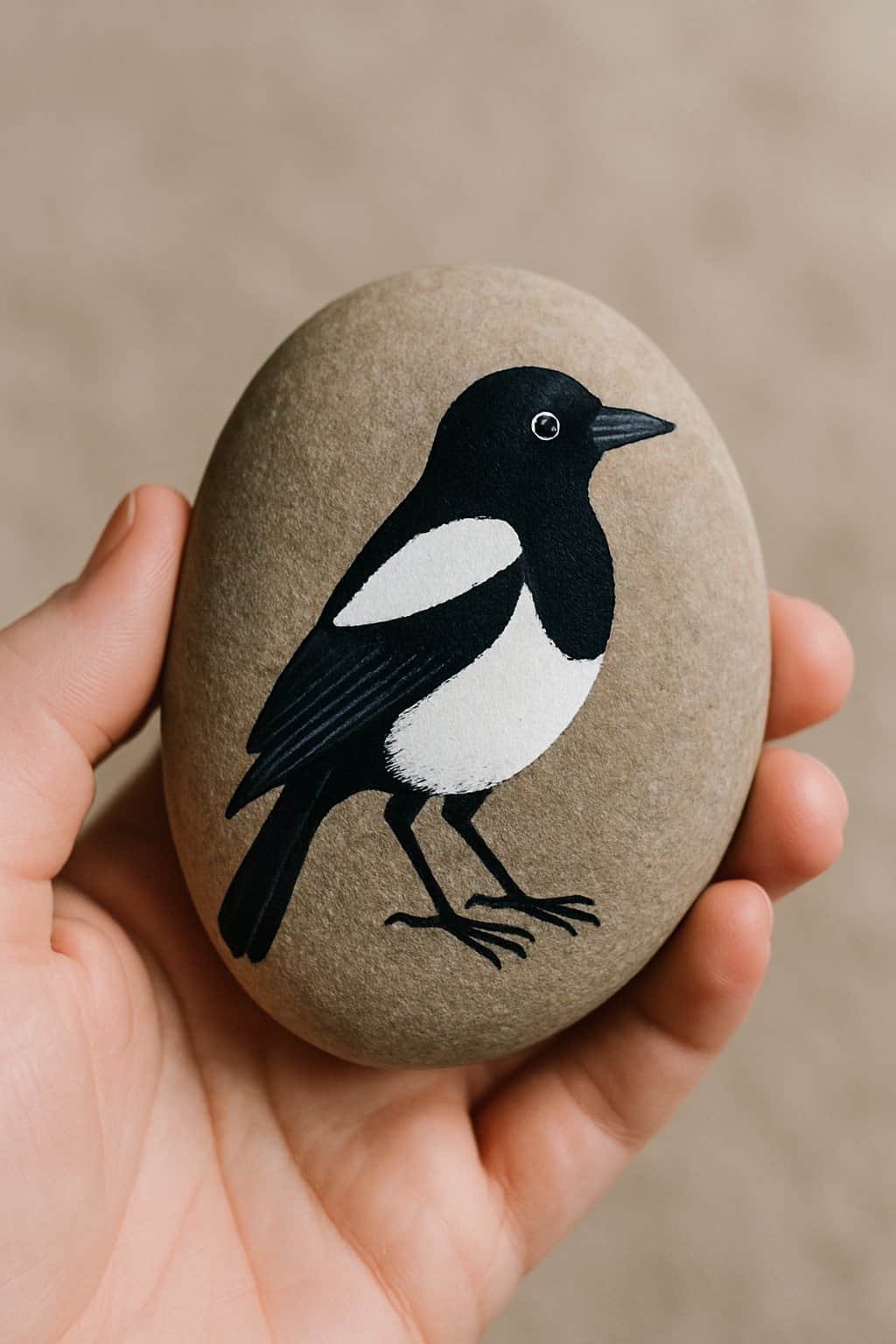 A hand holding a smooth river rock painted with a black and white magpie bird design.