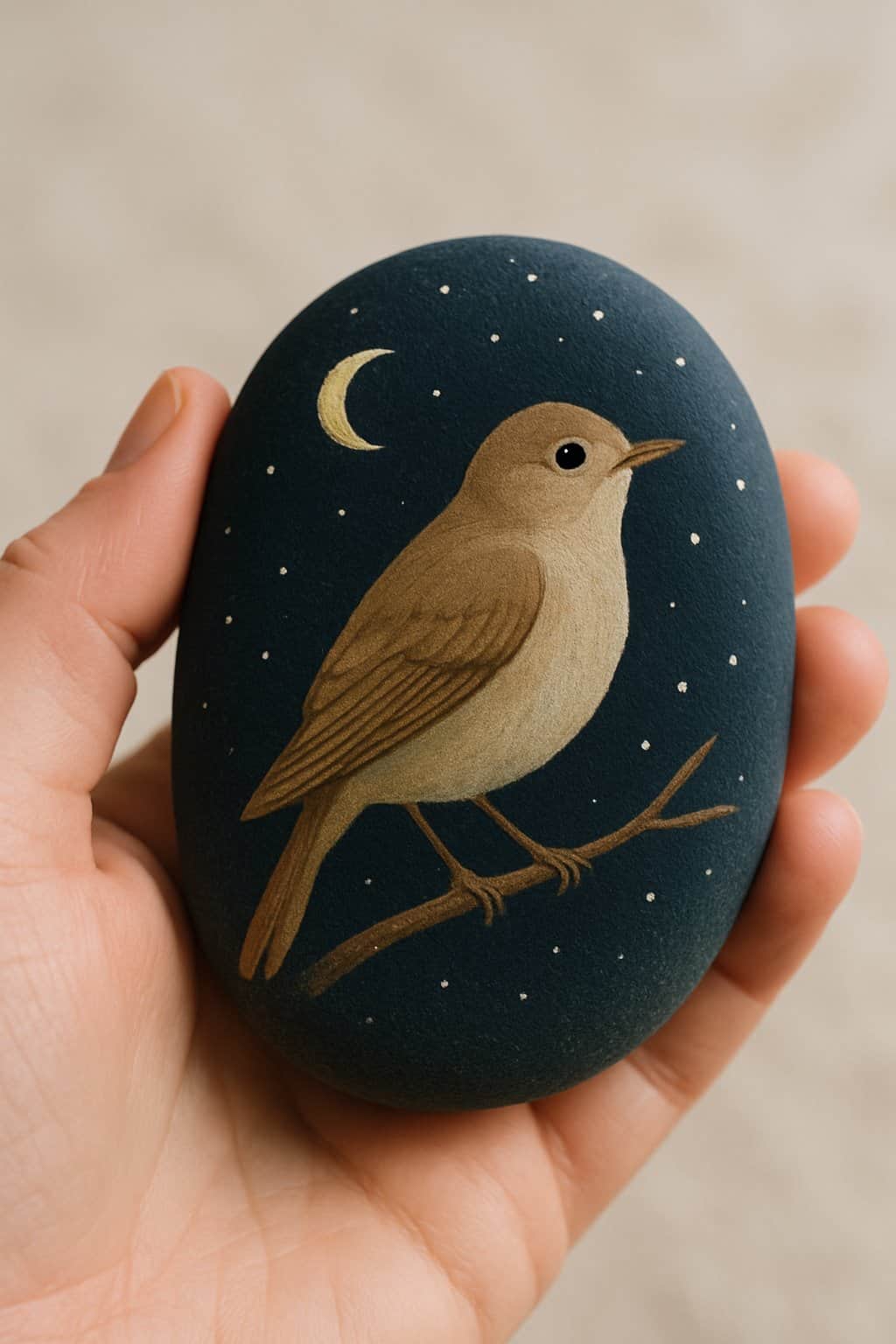 A hand holding a smooth river rock painted with a nightingale bird at night.