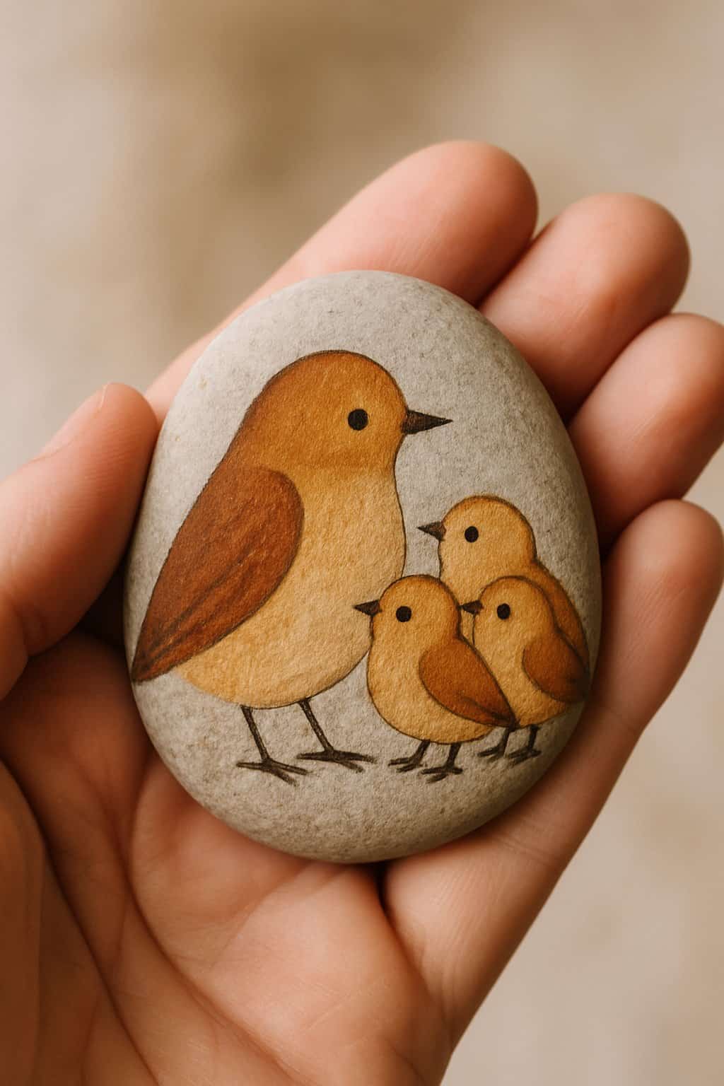 A hand holding a smooth river rock painted with a simple bird family design.
