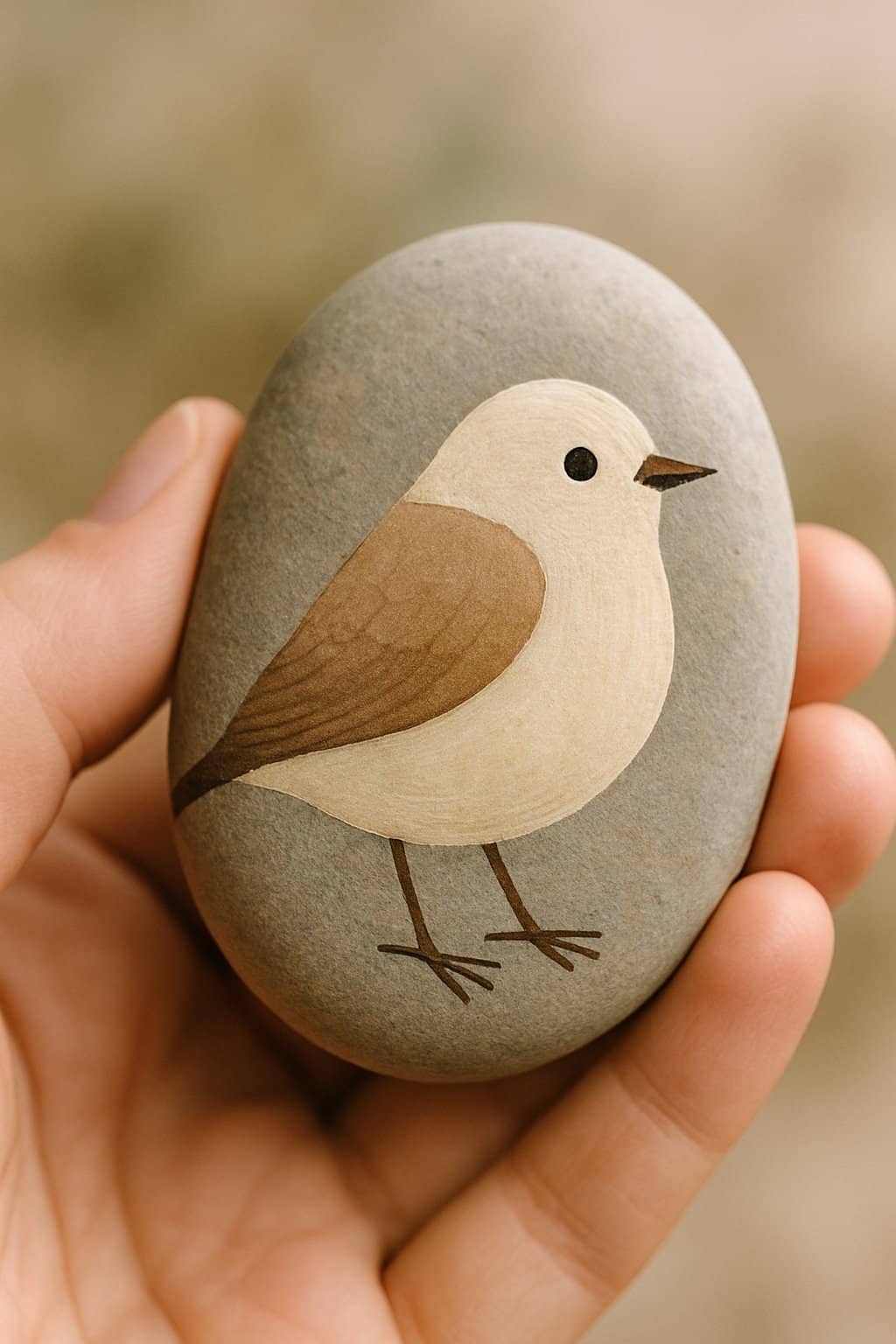 A hand holding a smooth river rock painted with a simple bird design.