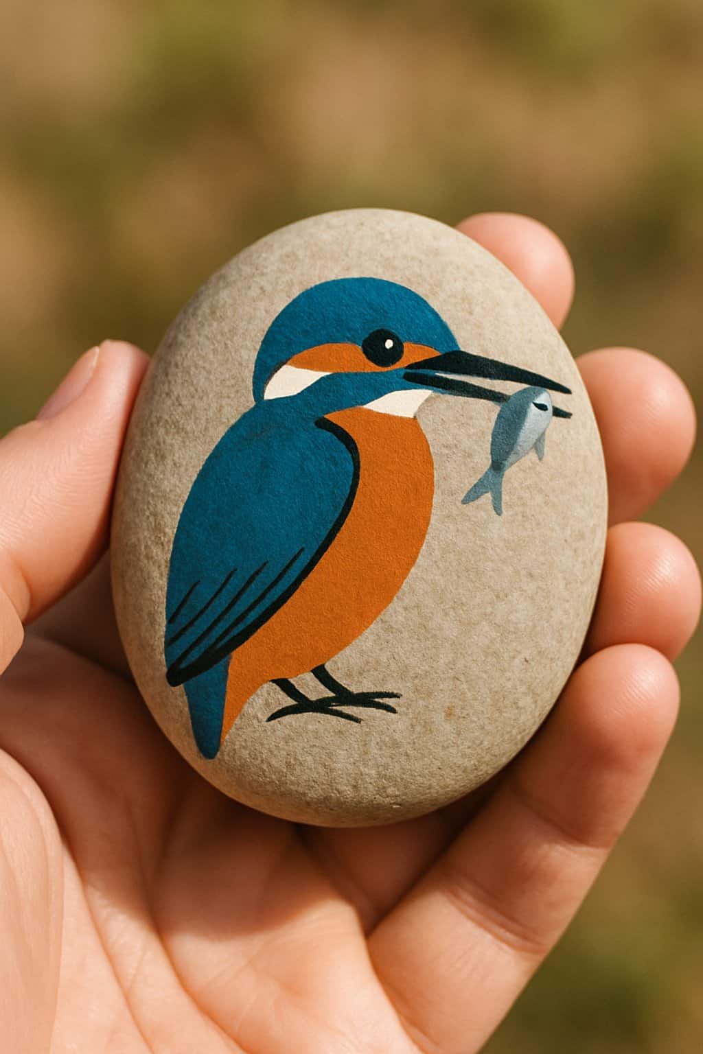 A hand holding a smooth river rock painted with a kingfisher bird catching a fish.
