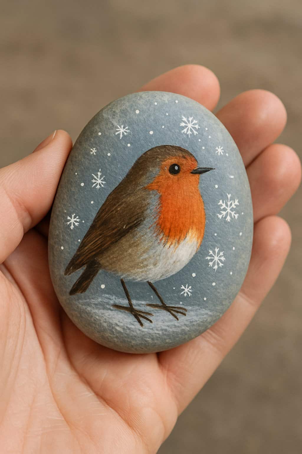 A hand holding a smooth river rock painted with a robin and snowflakes.