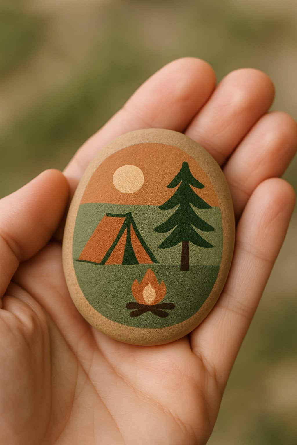 A hand holding a smooth river rock painted with a simple camper-themed design.