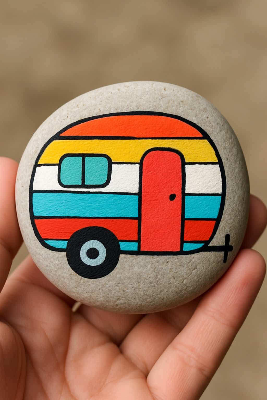 Hand holding a smooth river rock painted with a vintage camper and colorful stripes.