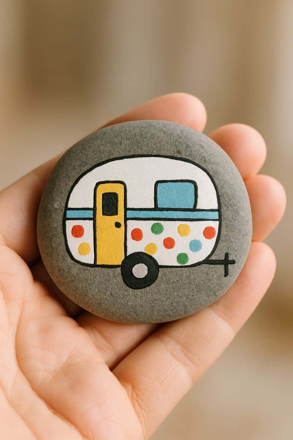 A hand holding a smooth river rock painted with a small camper and colorful polka dots.