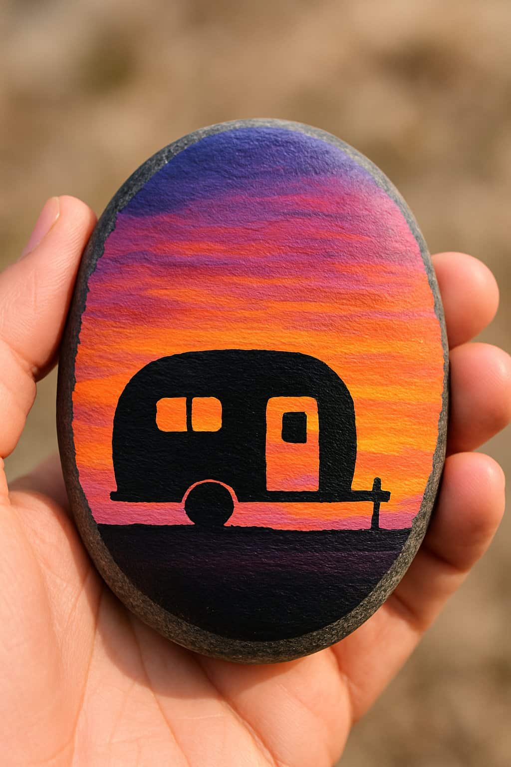 A hand holding a smooth river rock painted with a camper and sunset design.