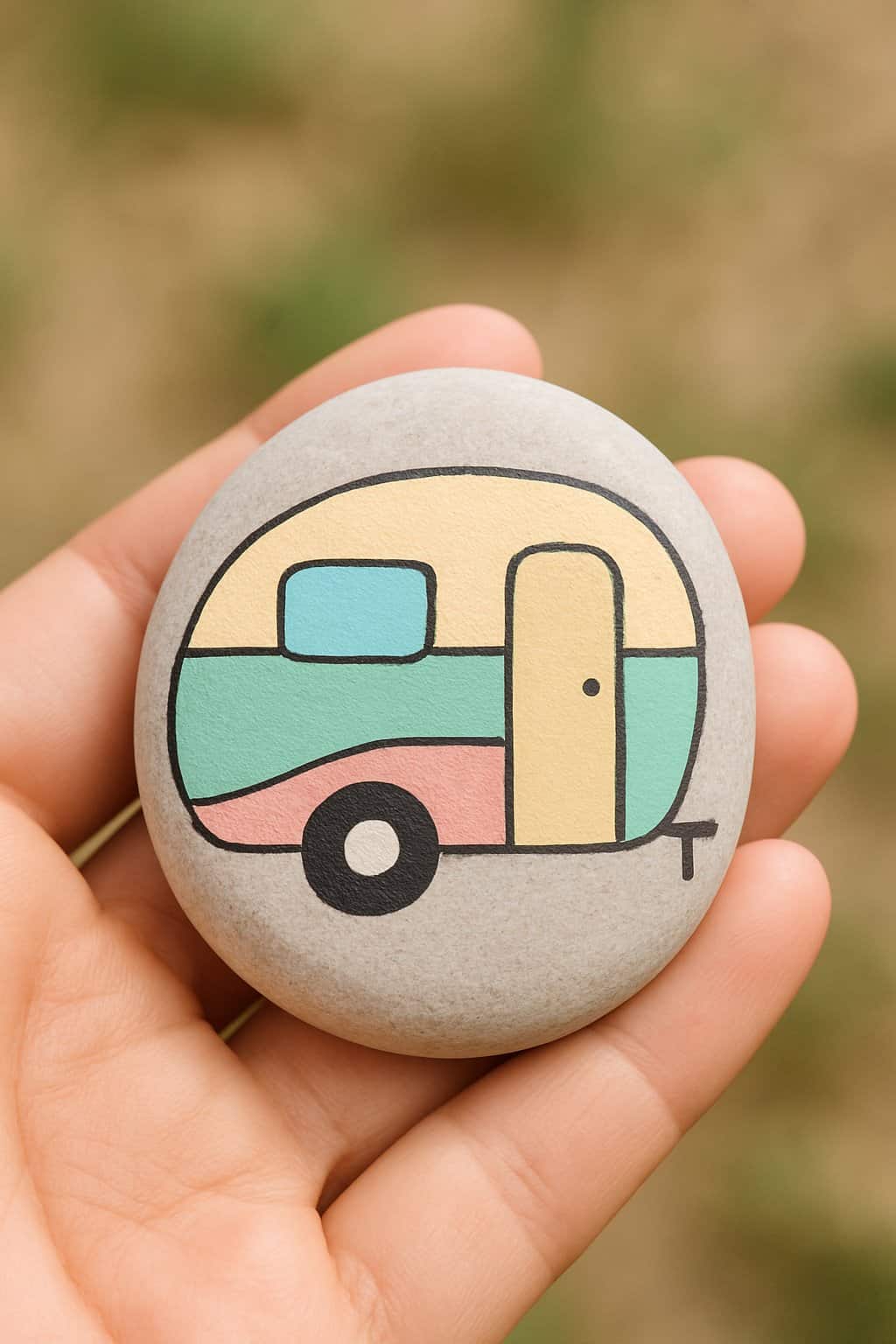 A hand holding a smooth painted rock with a retro camper design in pastel colors.