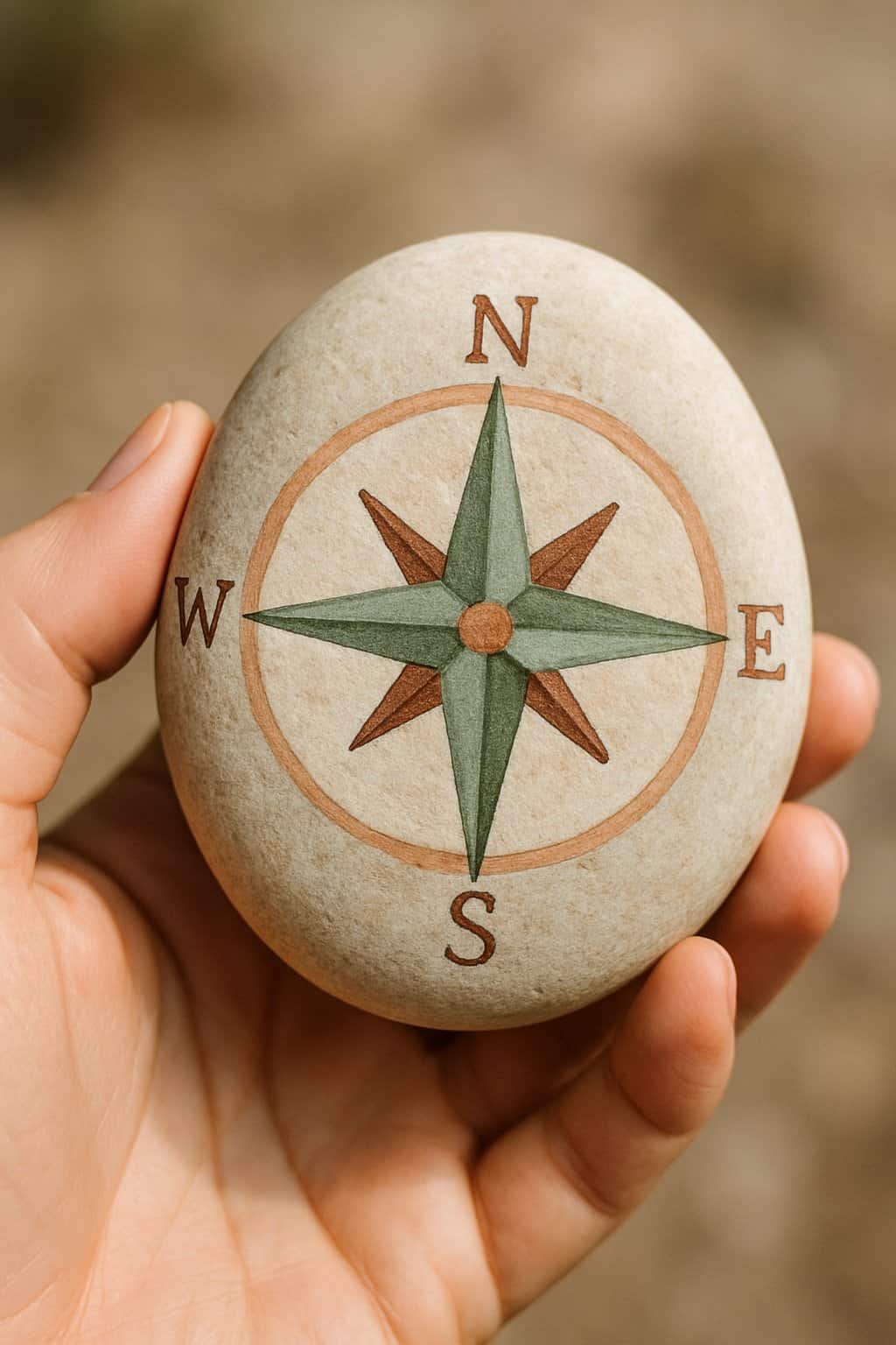 A hand holding a smooth river rock painted with a compass rose design.