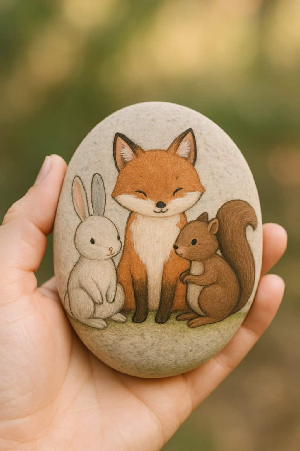 A hand holding a smooth river rock painted with cute woodland animals.