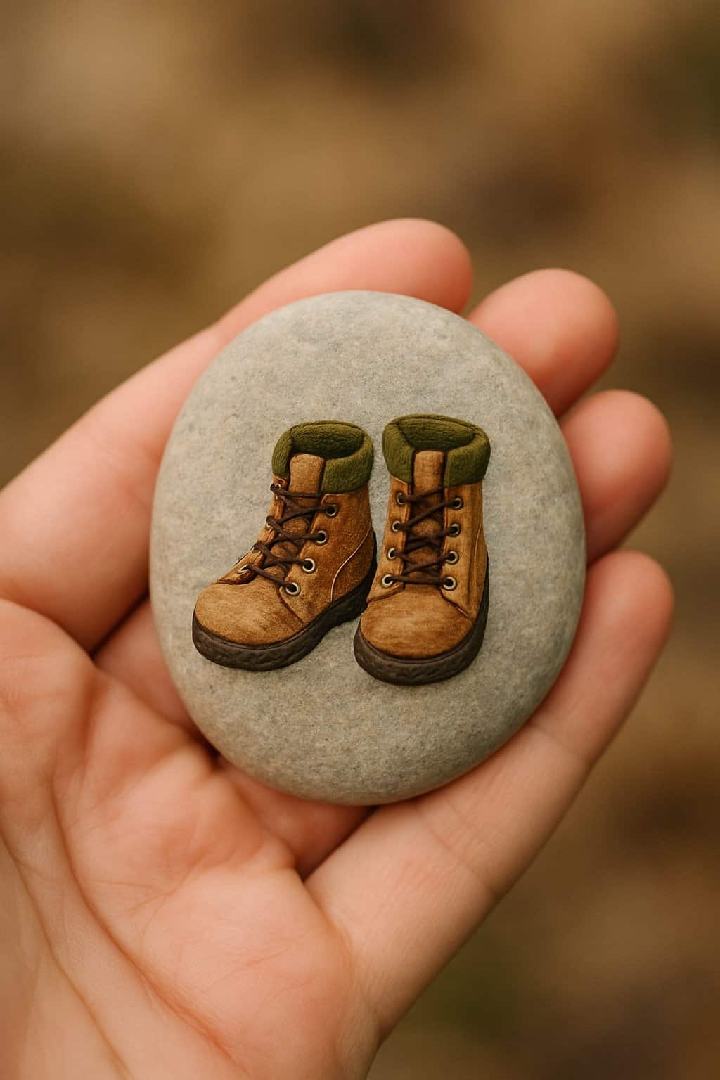 A hand holding a smooth river rock painted with tiny hiking boots.