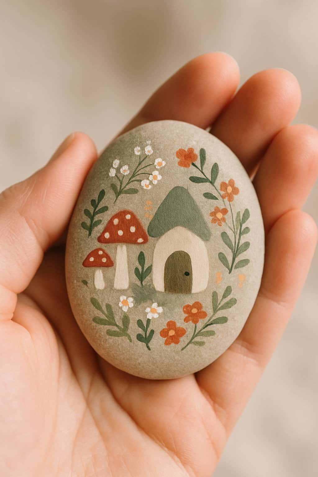 A hand holding a smooth river rock painted with a simple fairy garden design.