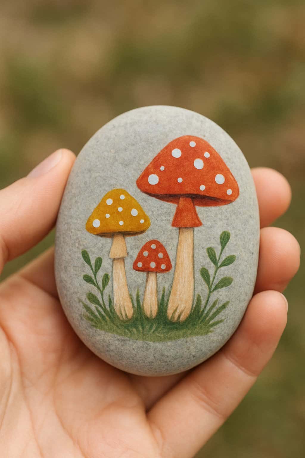 A hand holding a smooth river rock painted with colorful mushrooms.