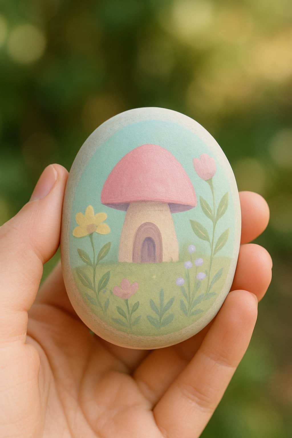A hand holding a small painted river rock with a simple pastel design.