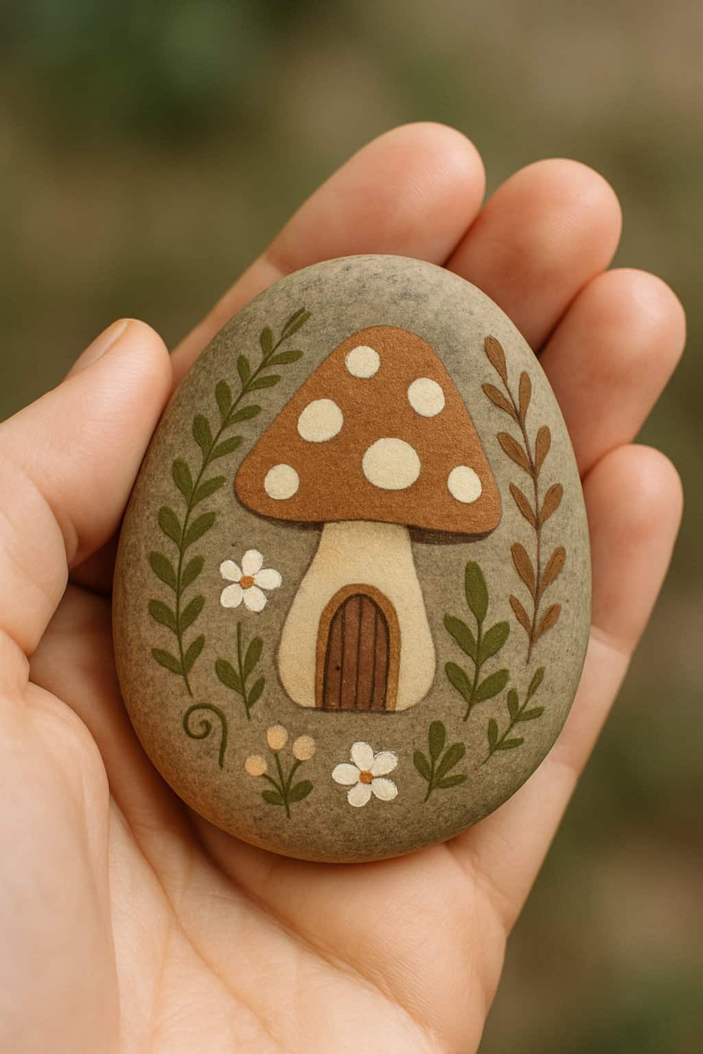 A hand holding a smooth painted river rock with simple designs.