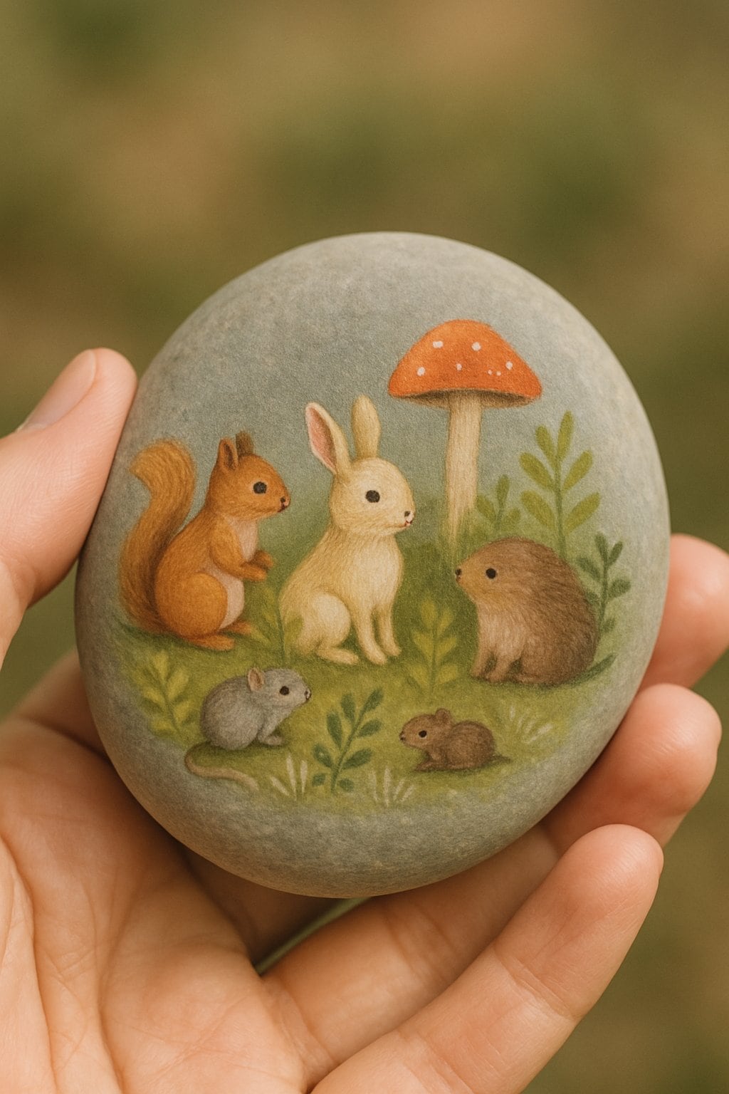 A hand holding a smooth river rock painted with small animal designs.