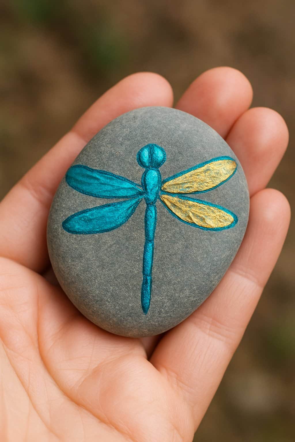 A hand holding a smooth river rock painted with a bright turquoise dragonfly with metallic wings.