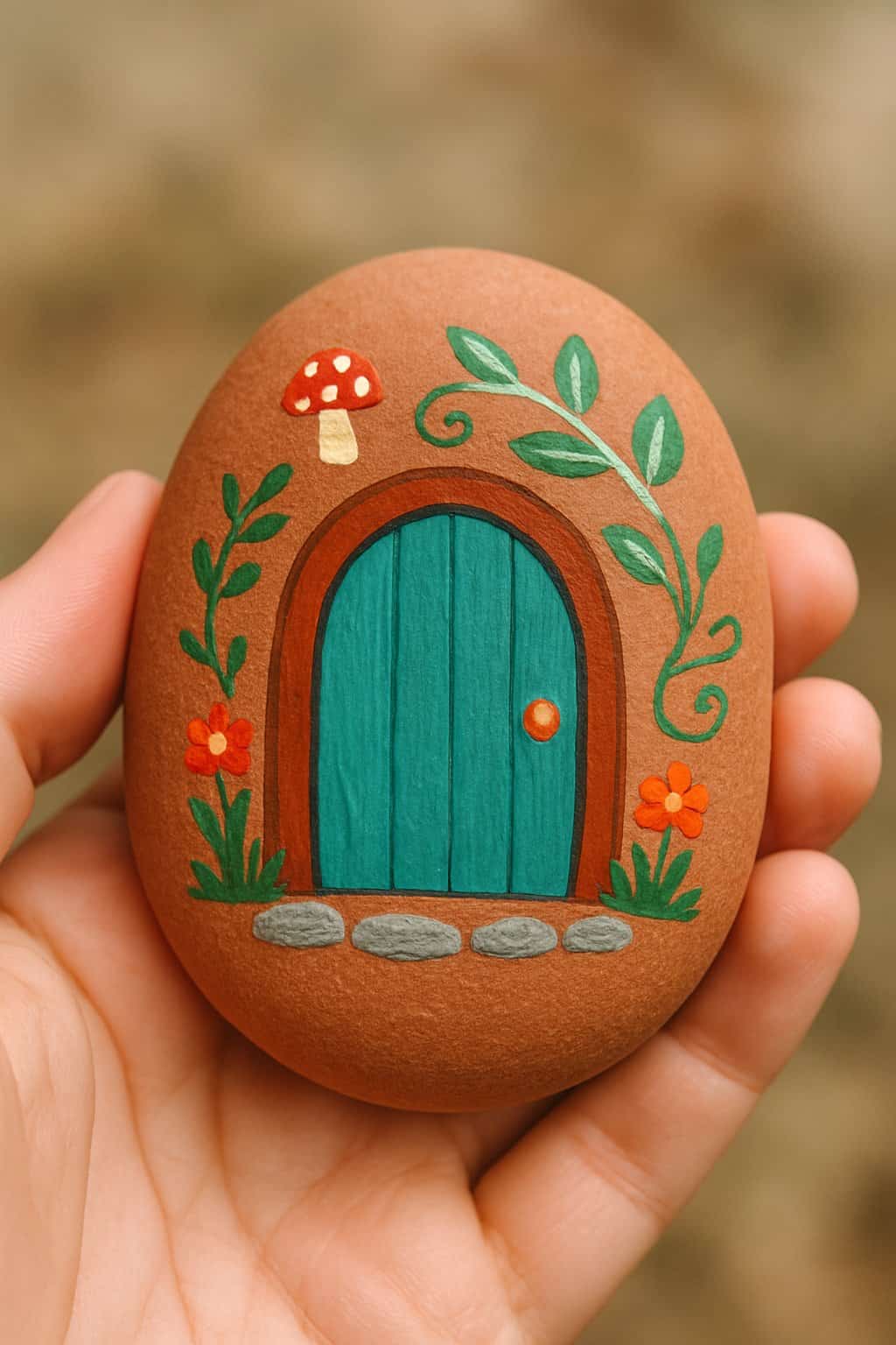 A hand holding a smooth river rock painted with colorful designs.