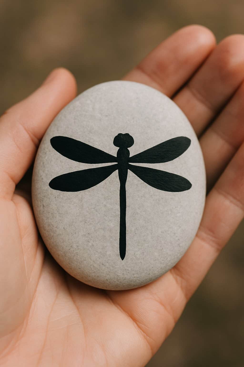 A hand holding a smooth river rock painted with a black and white dragonfly silhouette.