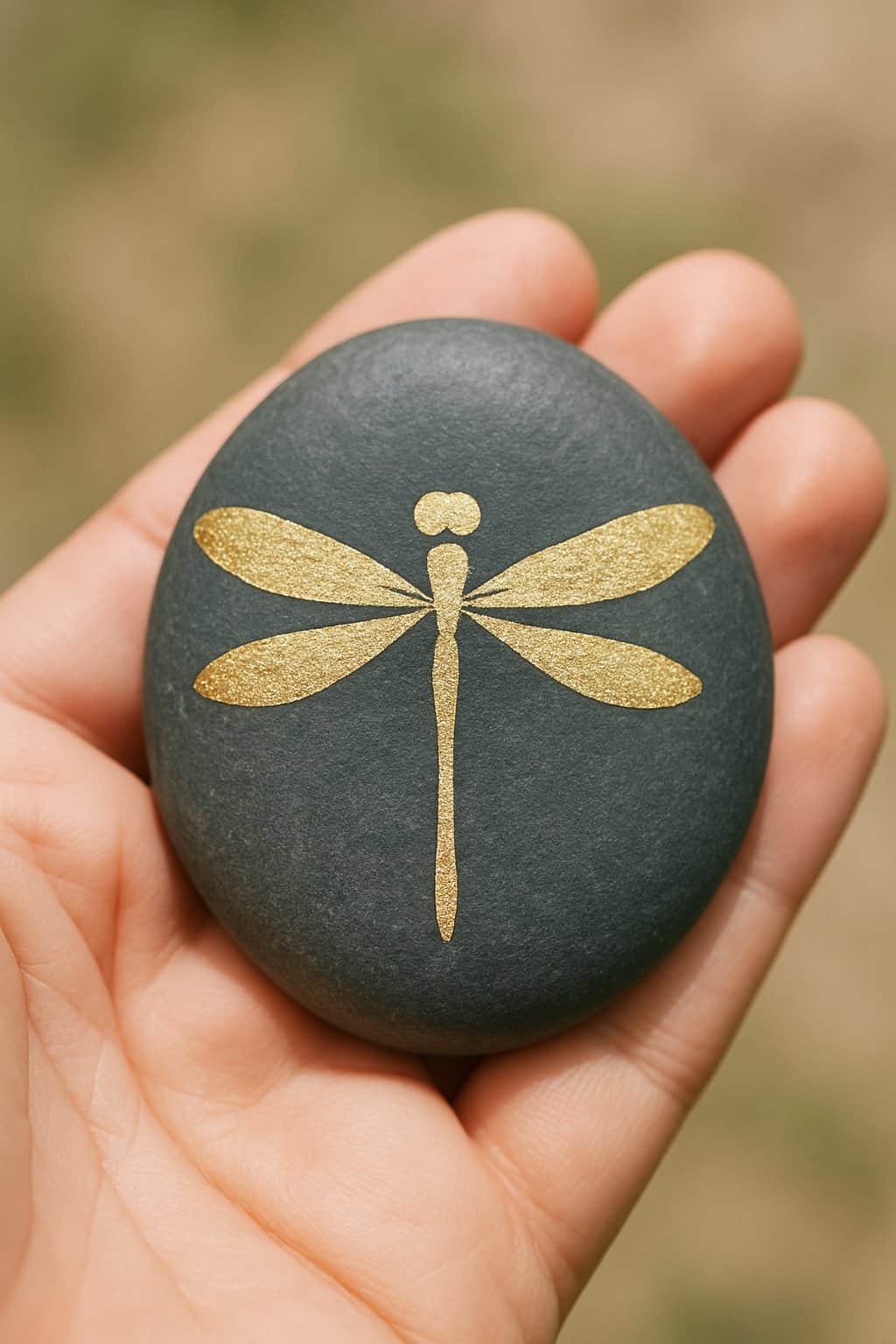 A hand holding a smooth river rock painted with a dragonfly design featuring gold accents.