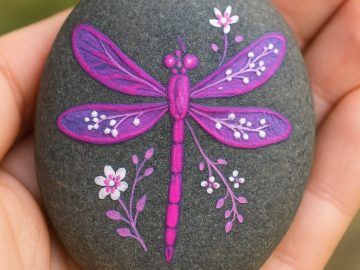 A hand holds a smooth, dark stone painted with a bright purple dragonfly surrounded by small white and pink flowers and leaves. The background is blurred.