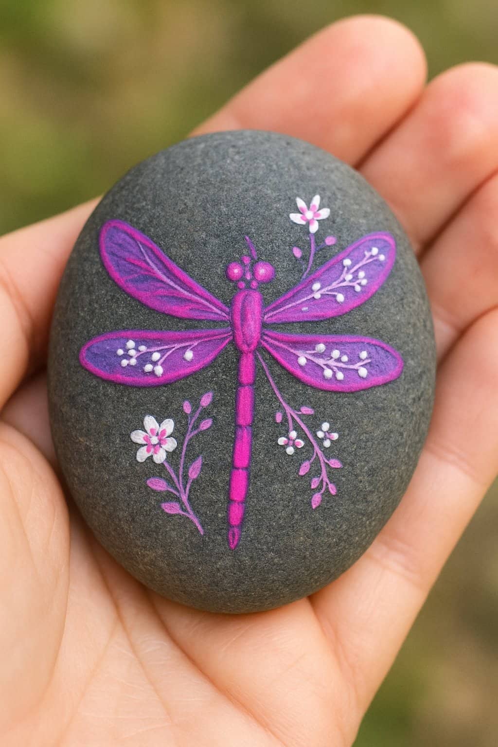 A hand holding a smooth river rock painted with a bright pink and purple dragonfly and floral details.