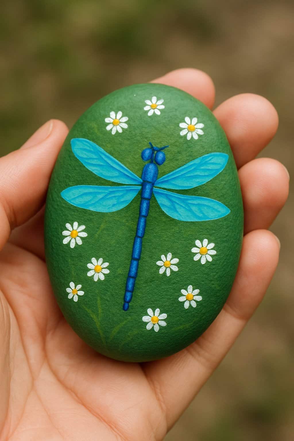 A hand holding a smooth river rock painted with a dragonfly and small white daisies.