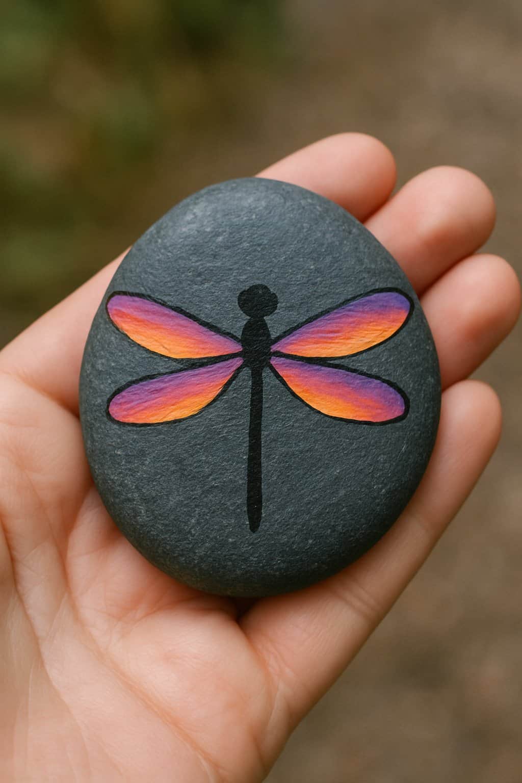 A hand holding a smooth river rock painted with a colorful dragonfly design.