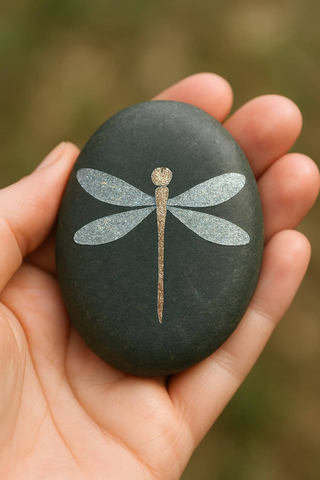 A hand holding a smooth river rock painted with a glittery dragonfly design.