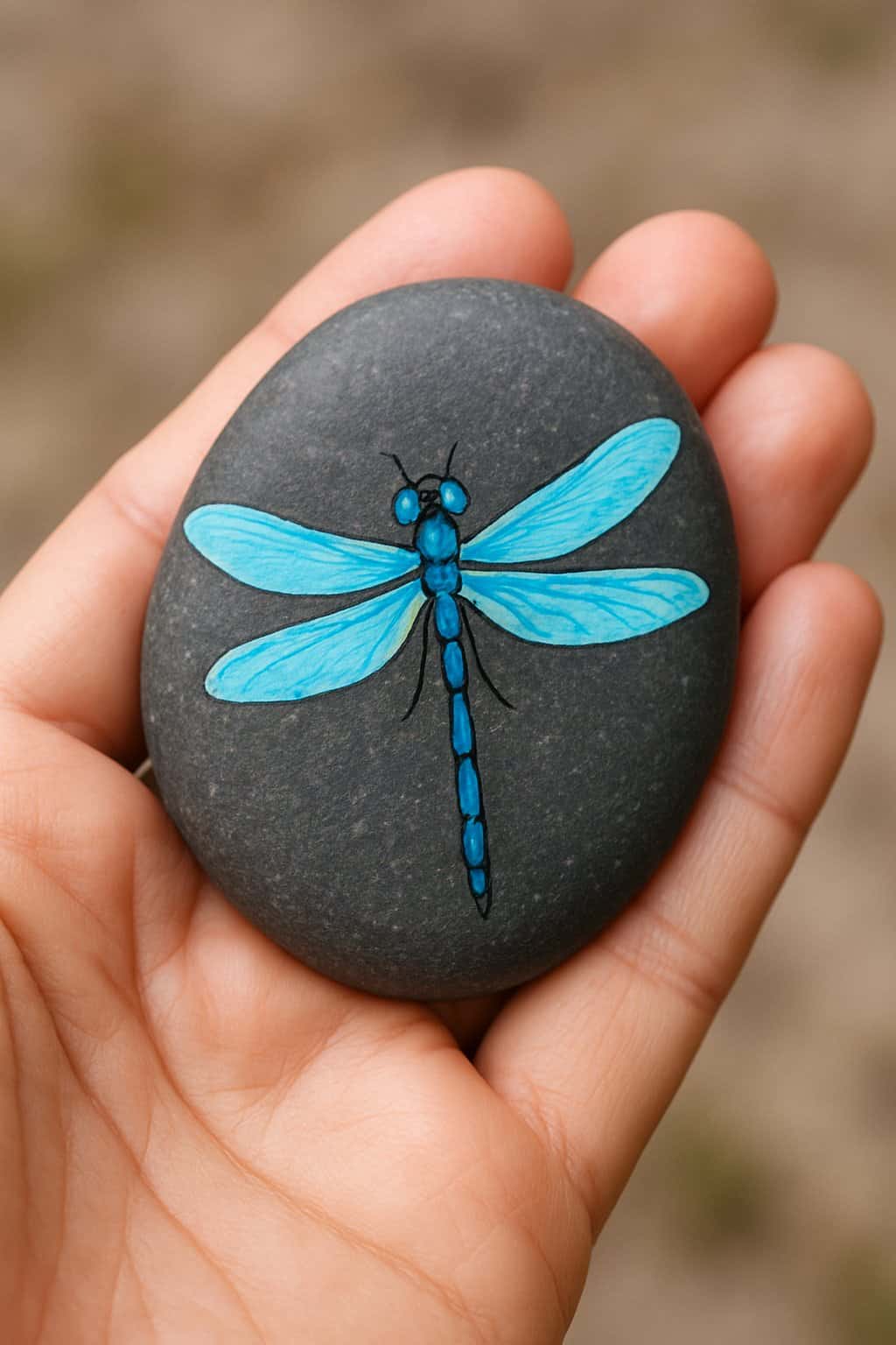 A hand holding a smooth river rock painted with a colorful dragonfly design.