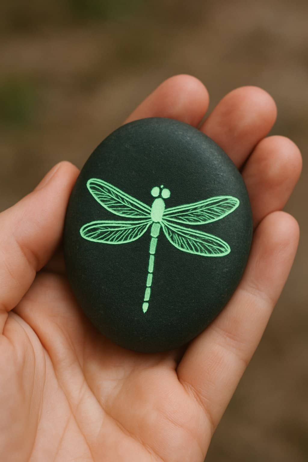 A hand holding a smooth river rock painted with a dragonfly design.