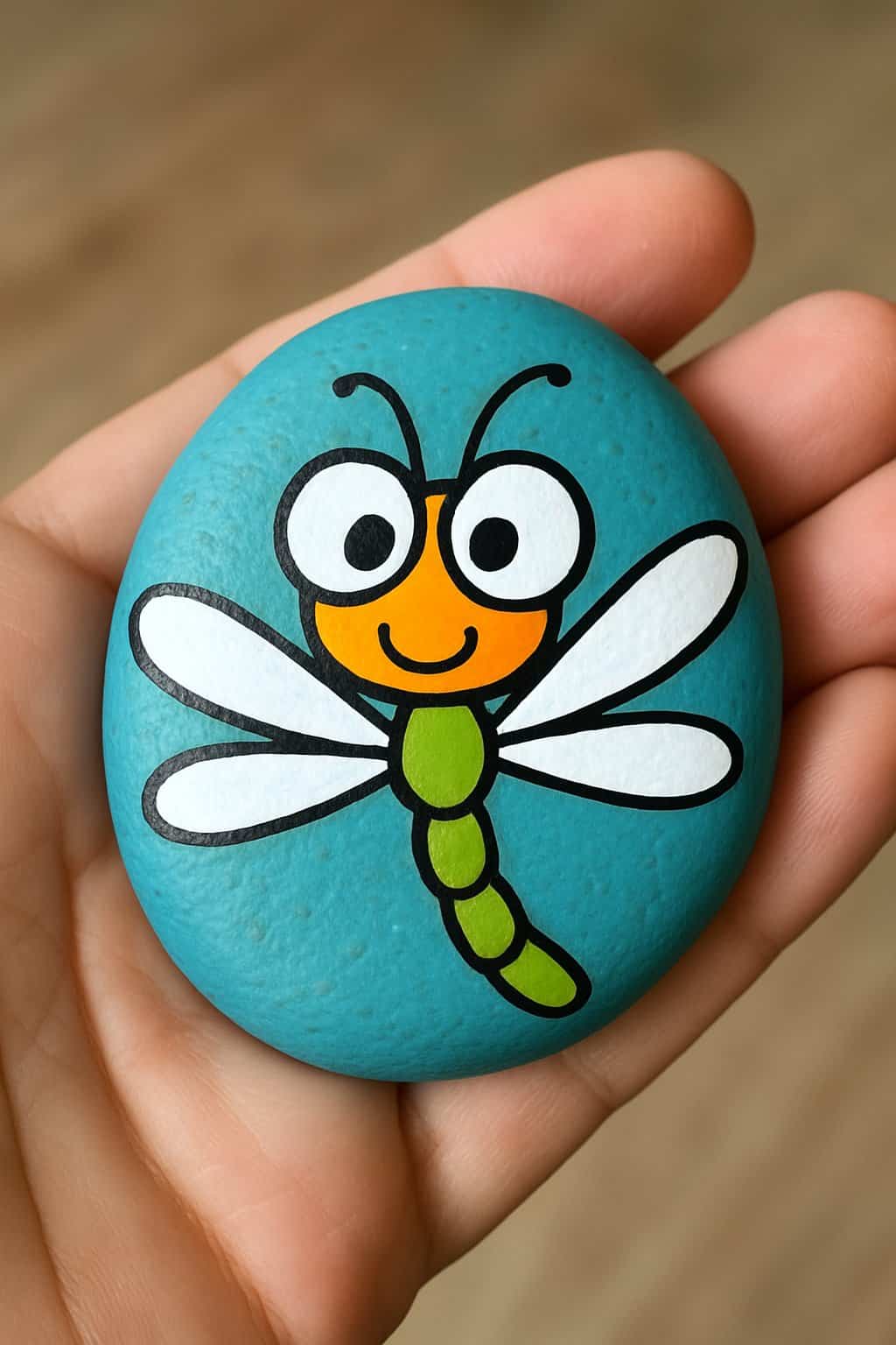 A hand holding a smooth river rock painted with a cartoon dragonfly design.