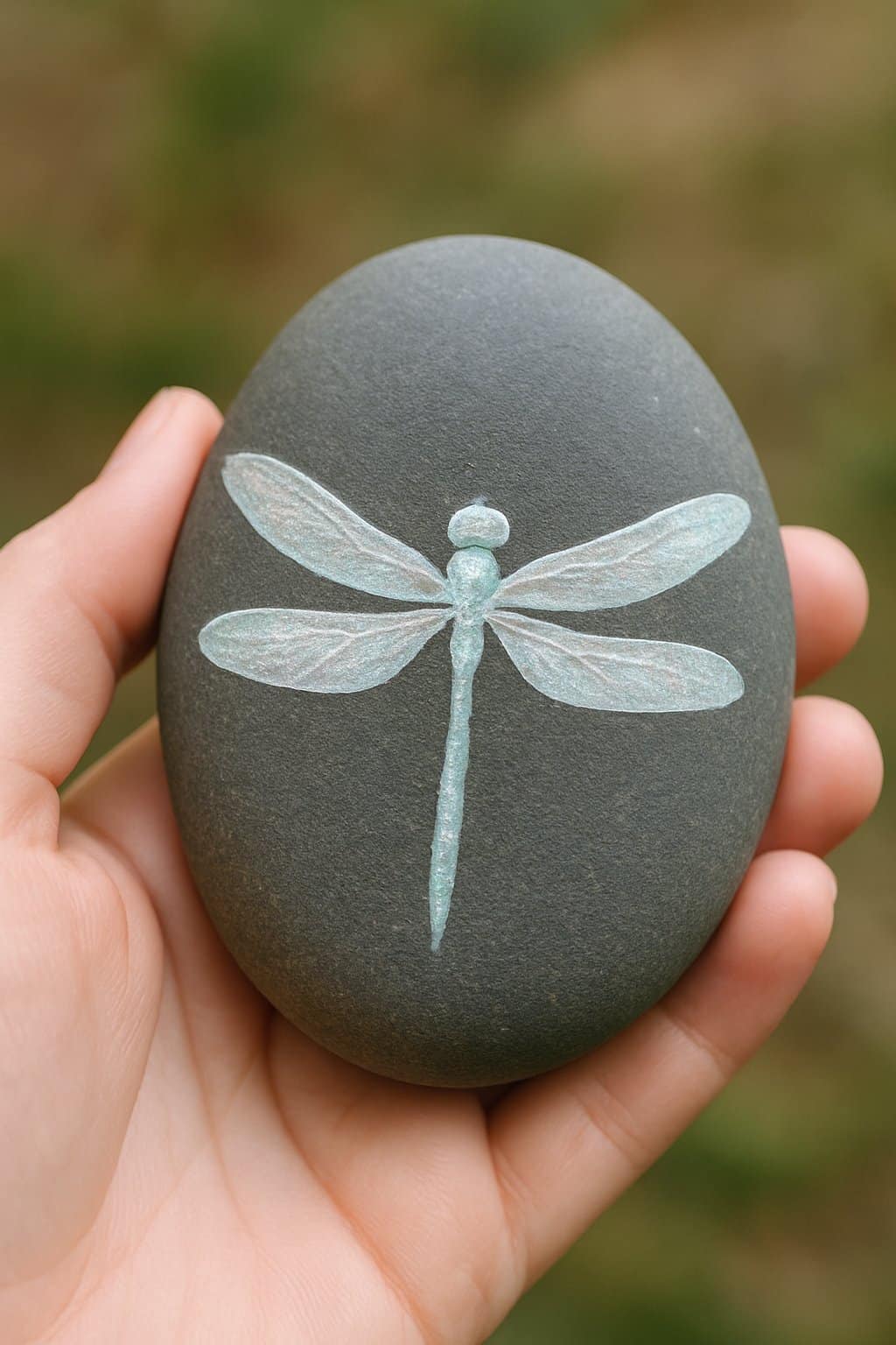A hand holding a smooth river rock painted with a dragonfly design.