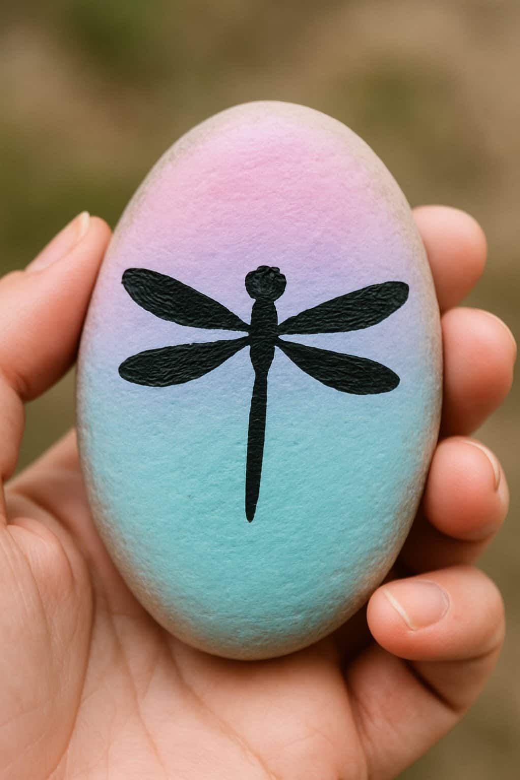 A hand holding a smooth river rock painted with a dragonfly on a pastel ombre background.