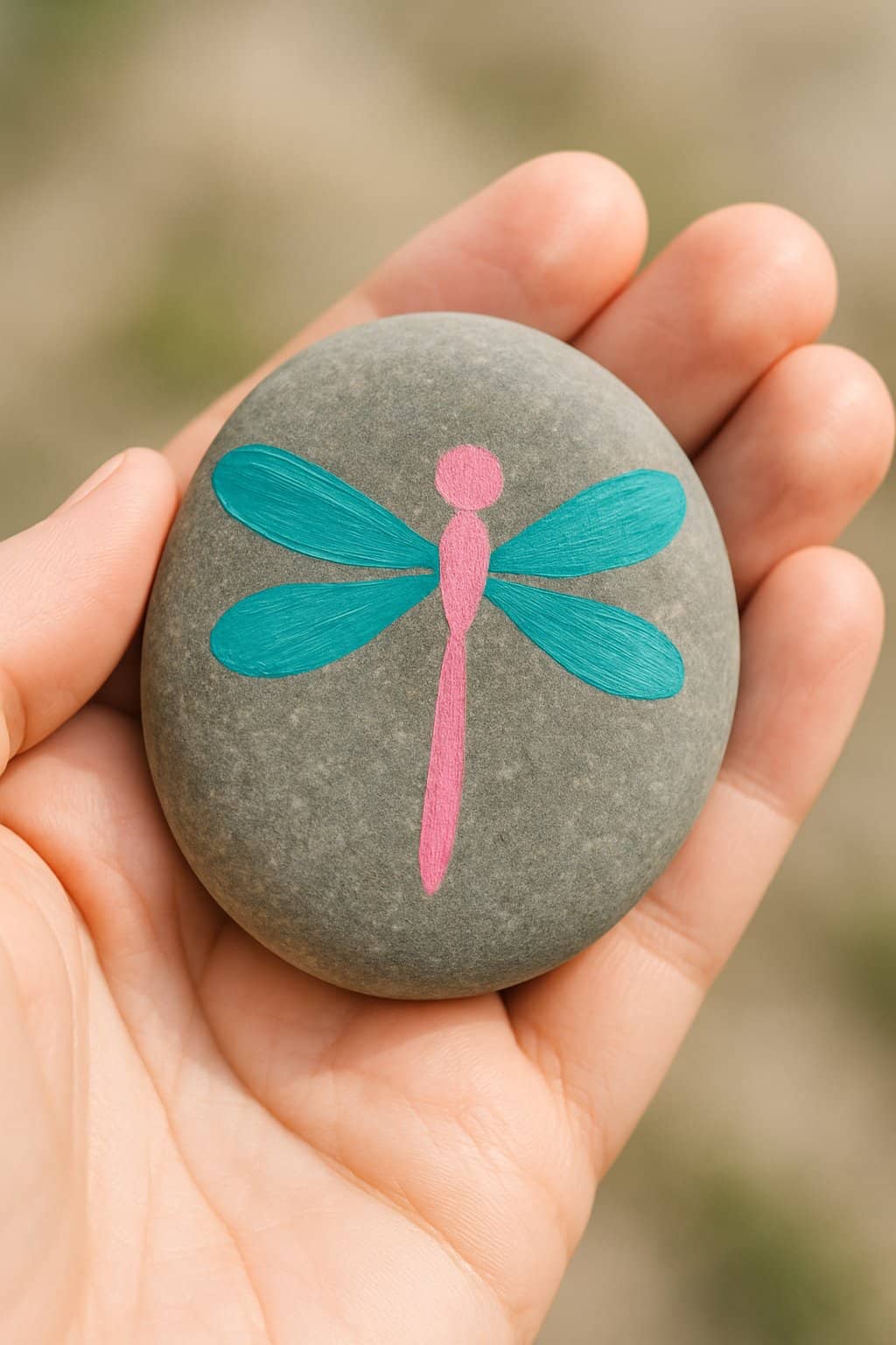A hand holding a smooth river rock painted with a pink and teal dragonfly design.