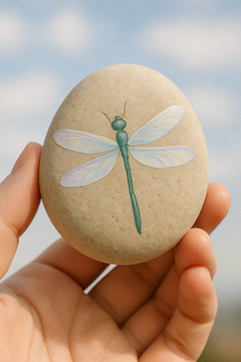 A hand holding a smooth river rock painted with a dragonfly design against a soft cloud background.