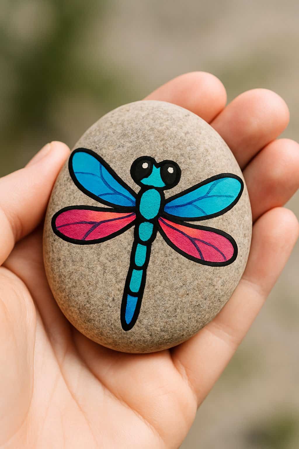 A hand holding a smooth river rock painted with a colorful dragonfly design.