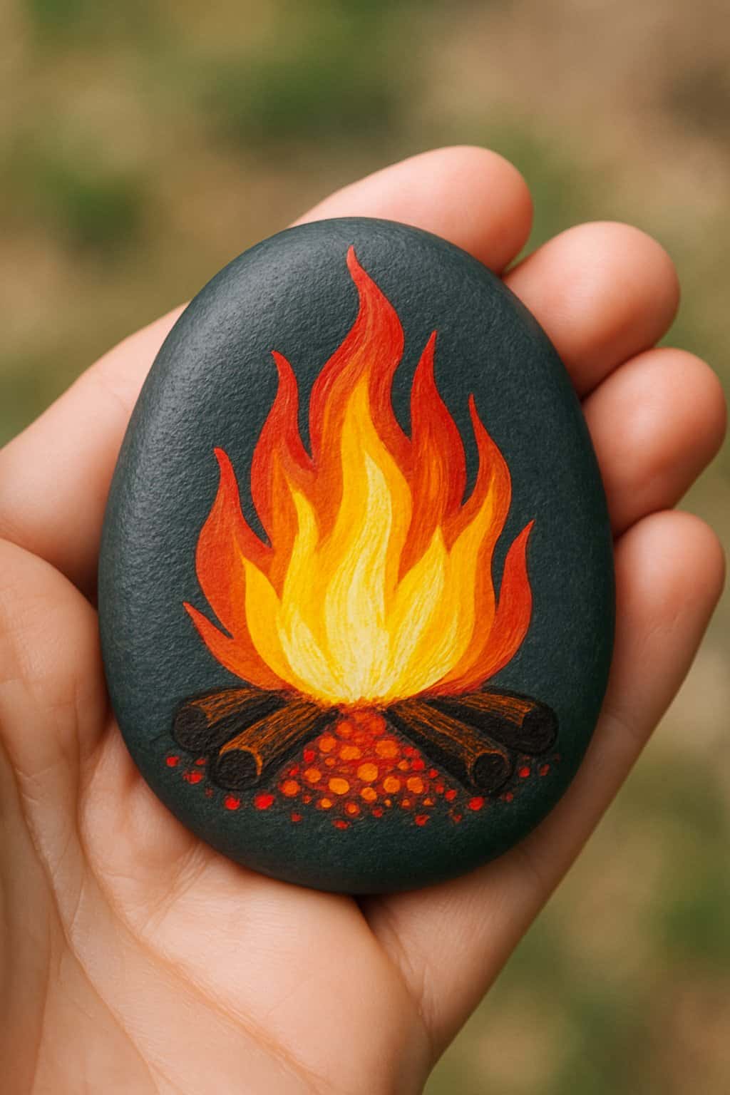 A hand holding a smooth river rock painted with bright red, orange, and yellow colors resembling a campfire.