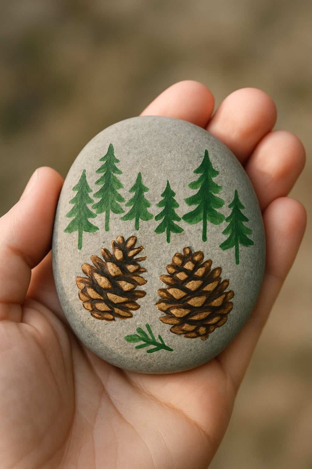 A hand holding a smooth river rock painted with trees and pinecones.