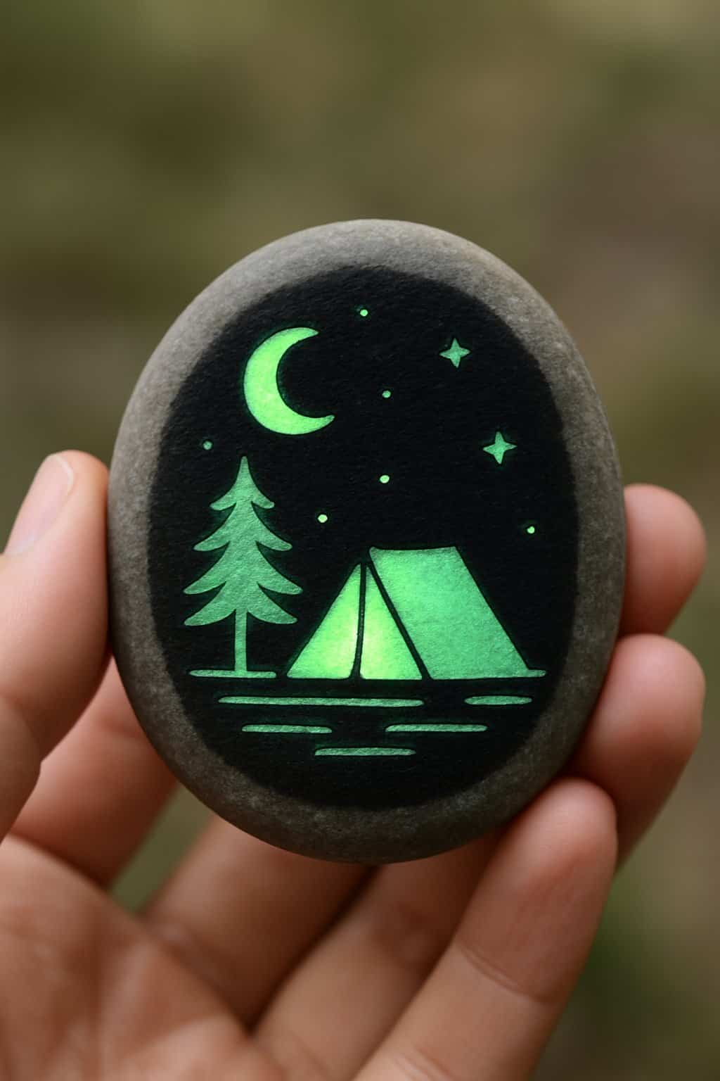 A hand holding a smooth river rock painted with a simple glowing design.