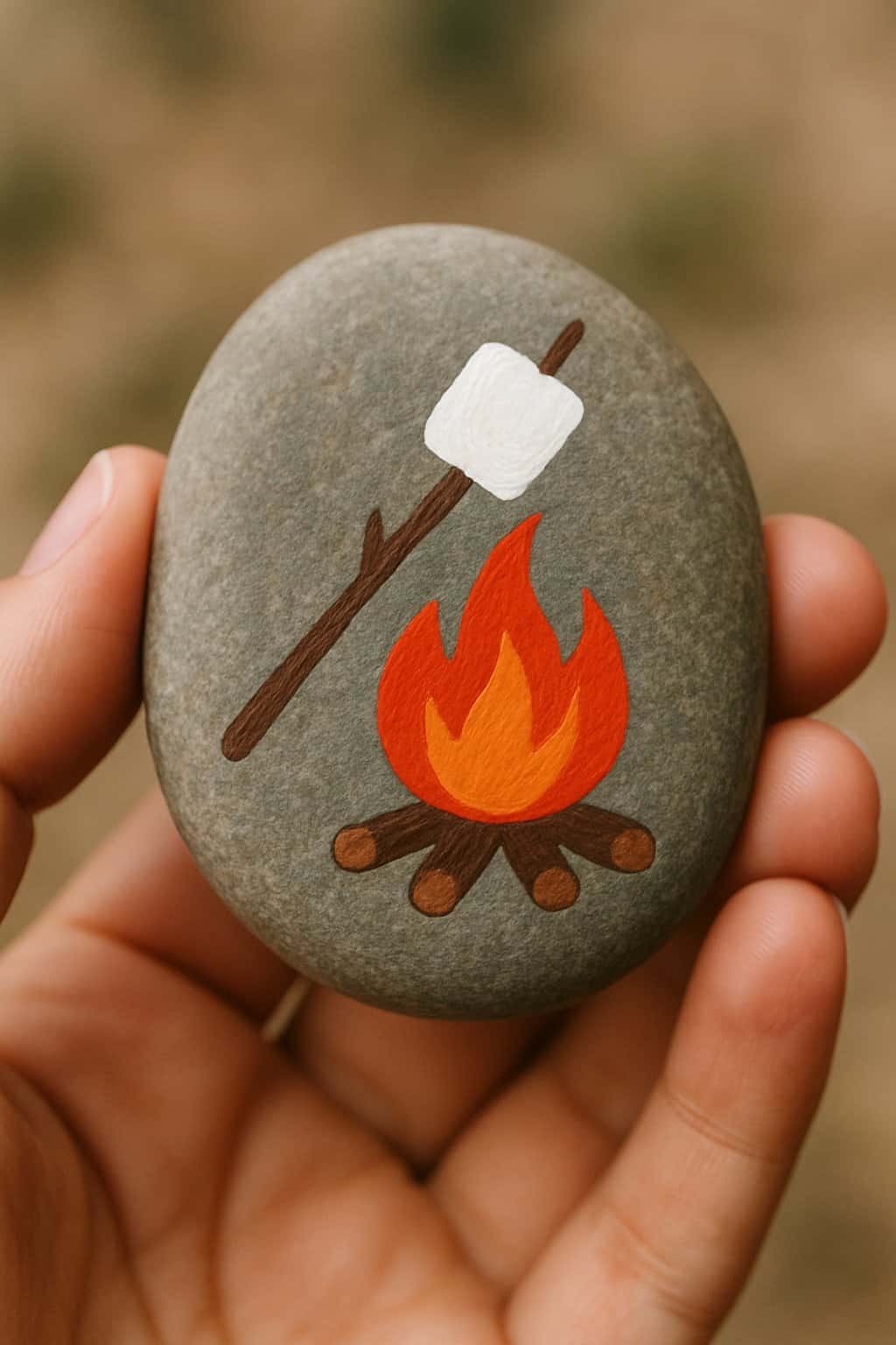 A hand holding a smooth river rock painted with a camp cooking design.