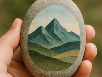 A hand holds a smooth stone painted with a detailed landscape of green hills and mountains under a soft, cloudy sky, with a blurred natural background.