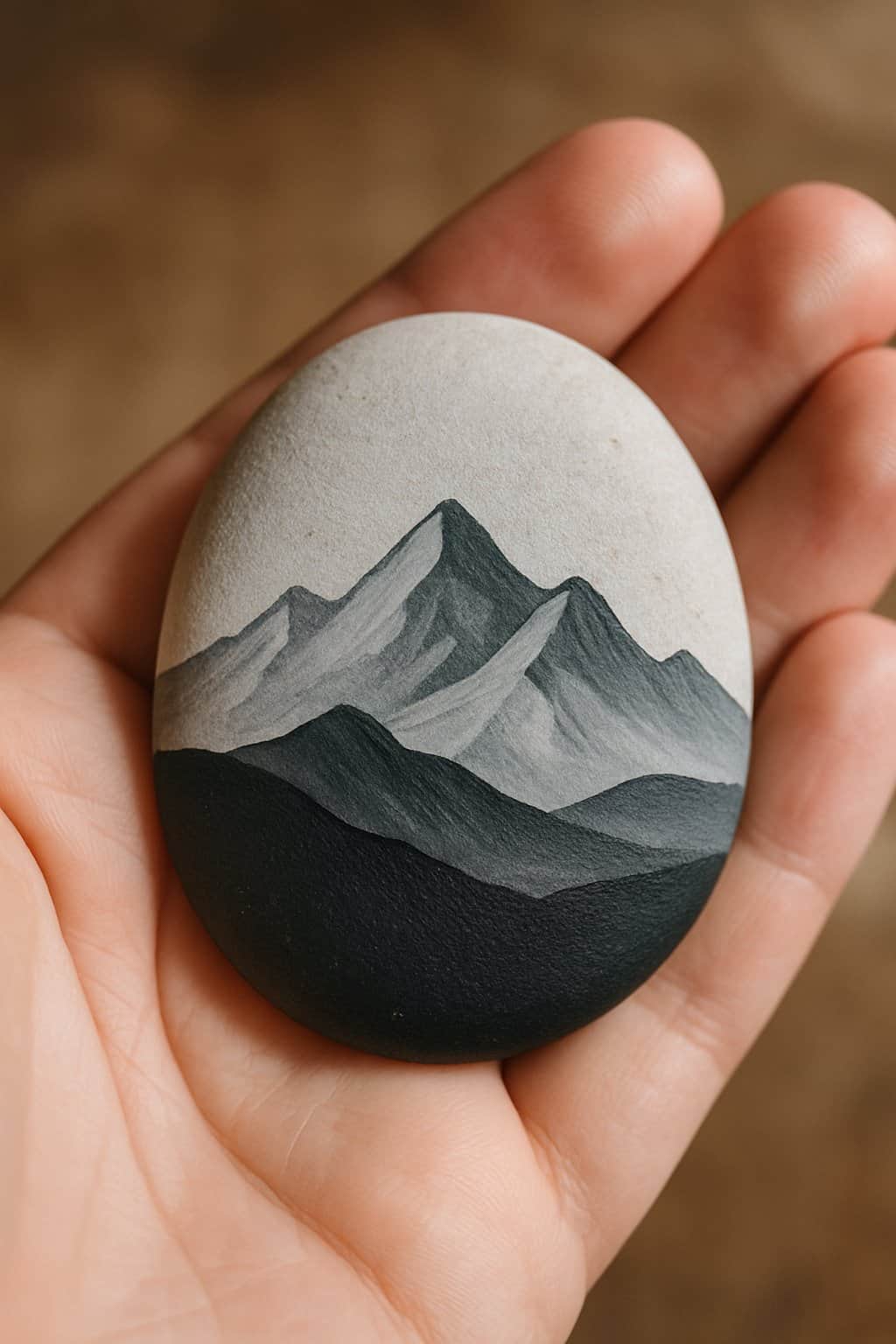 A hand holding a smooth river rock painted with a simple mountain scene.