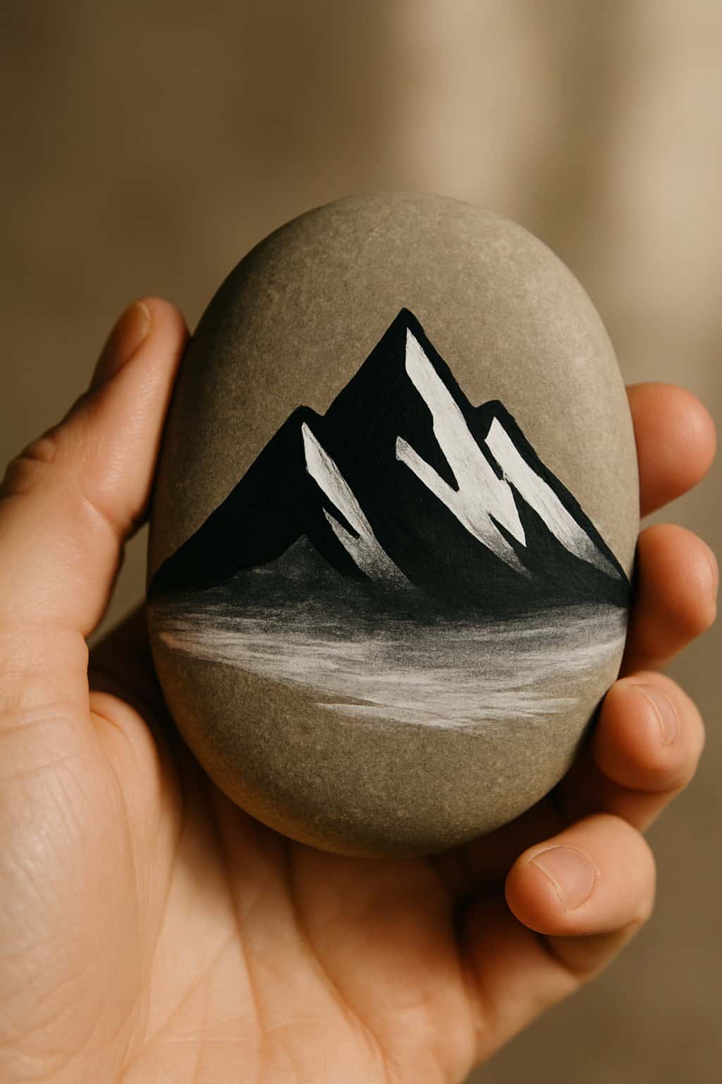 A hand holding a smooth river rock painted with a black and white mountain design.