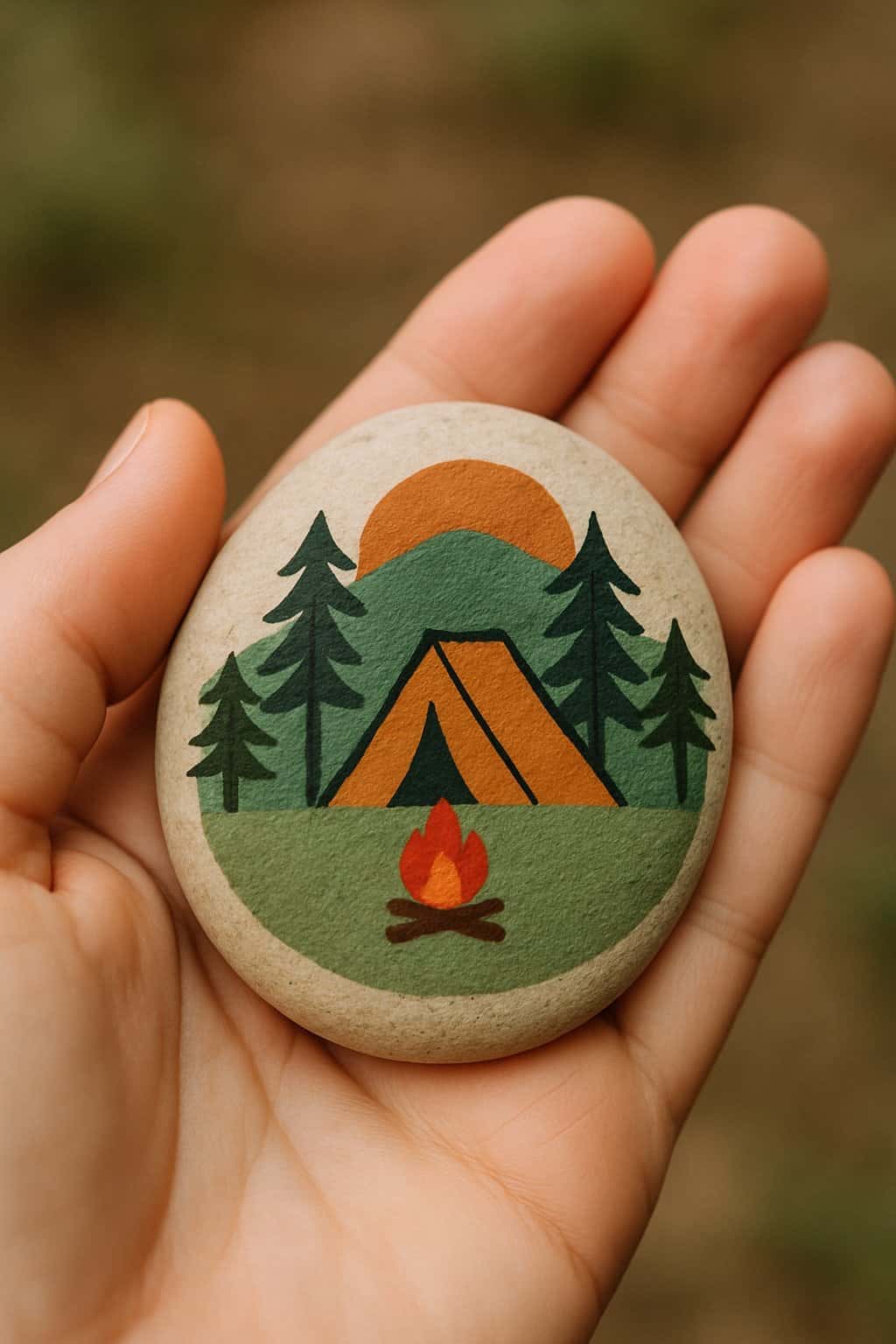 A hand holding a smooth river rock painted with a simple camping-themed design.