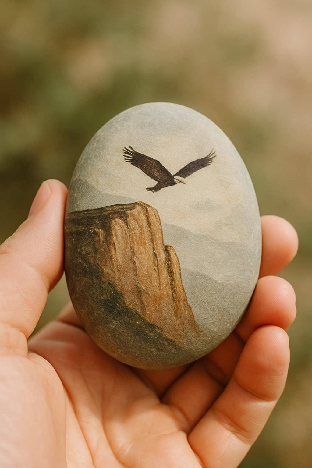 A hand holding a smooth river rock painted with a simple design of a rocky cliff and an eagle flying above.