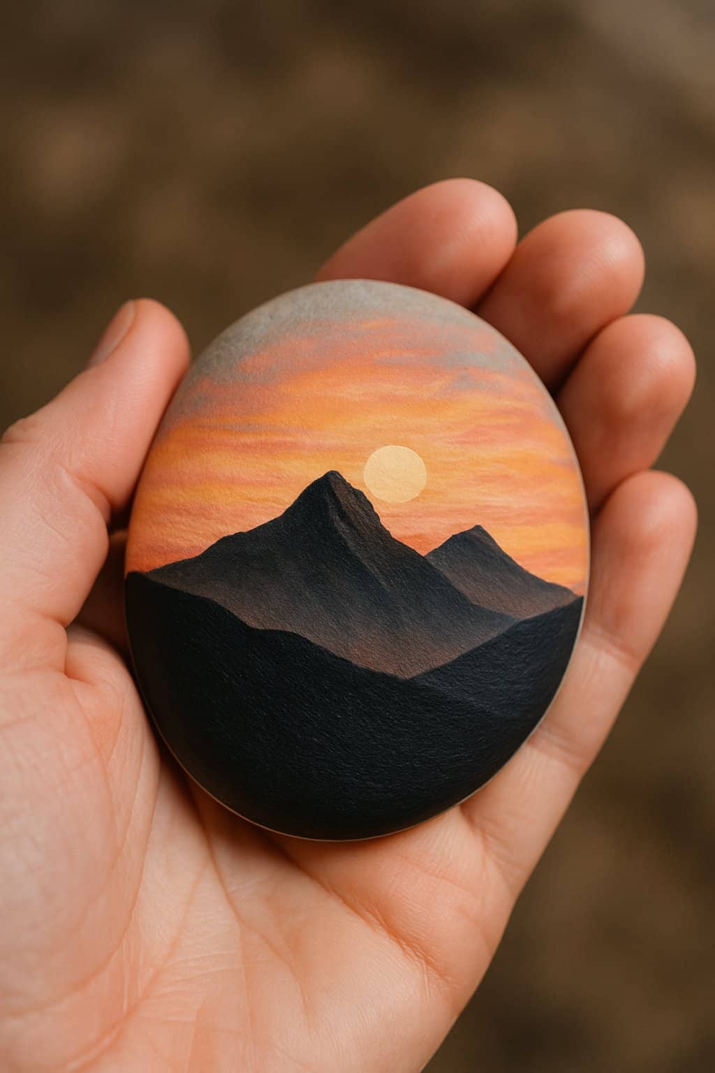 A hand holding a smooth river rock painted with a mountain sunrise design in warm colors.